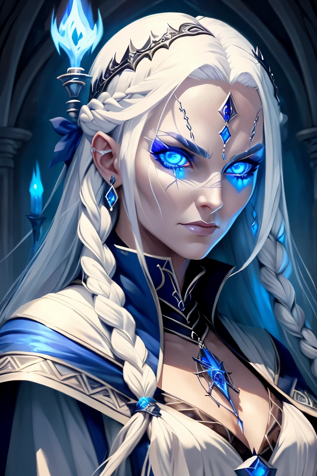 Evil sorceress, piercing blue eyes, white hair, braided hair, casting a spell