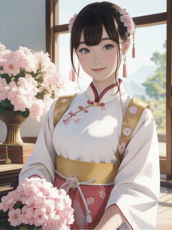 There is a cartoon girl in a dress, China dress, hanbok apron, Chinese Costume, Chinese traditional clothing, Close-up - view, hanbok, wearing ancient Chinese Costume, with ancient Chinese Costume, palace, Girl in Hanfu, White Hanfu, China dress, Kitten with pink flowers, Shadow Room, Light Edge, Two-tone lighting, (Skin with attention to detail: 1.2), 8K Ultra HD, Digital SLR, Soft Light, high quality, Volumetric lighting, Sneak a peek, photograph, High resolution, 4K, 8k, Background blur