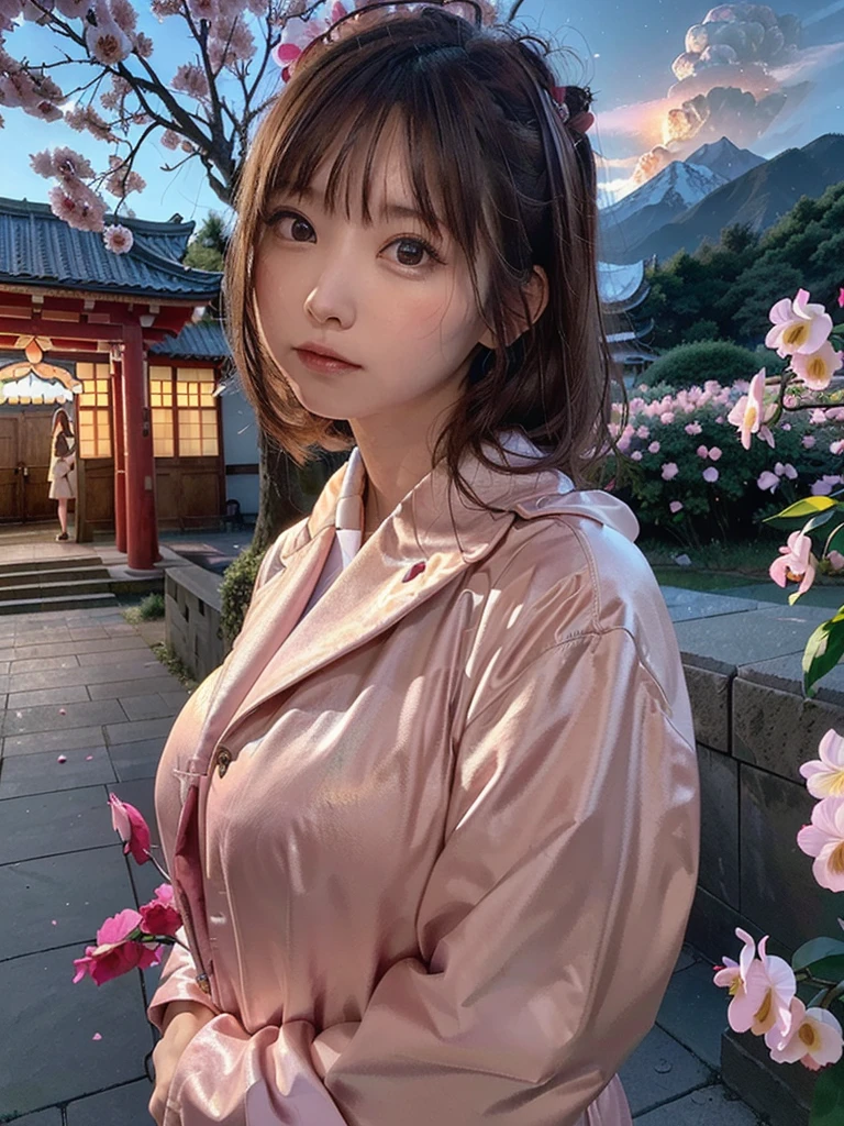 (highest quality, masterpiece),(One girl, Shrine maiden, coat, expression, Iris, Look ahead ,Brown Hair, walk, Upper Body), (Night maze sky, Huge old tree behind, Shiny pink petals fall behind, The shrine behind, Mountain Background, Blowing Wind, meteor cloud)