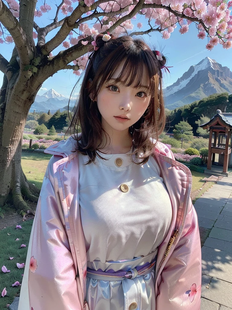 (highest quality, masterpiece),(One girl, Shrine maiden, coat, expression, Iris, Look ahead ,Brown Hair, walk, Upper Body), (Night maze sky, Huge old tree behind, Shiny pink petals fall behind, The shrine behind, Mountain Background, Blowing Wind, meteor cloud)