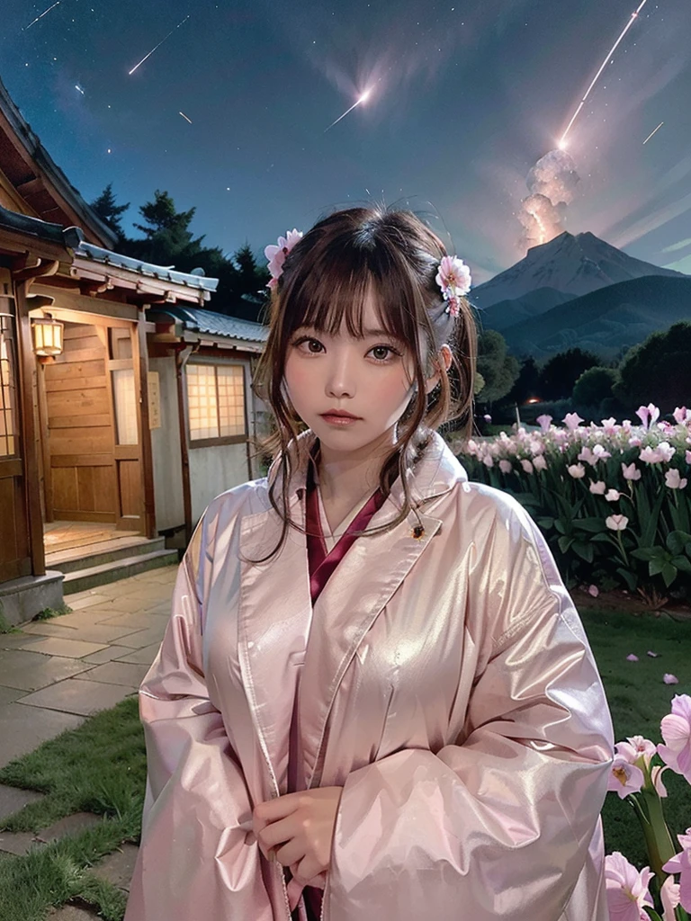(highest quality, masterpiece),(One girl, Shrine maiden, coat, expression, Iris, Look ahead ,Brown Hair, walk, Upper Body), (Night maze sky, Huge old tree behind, Shiny pink petals fall behind, The shrine behind, Mountain Background, Blowing Wind, meteor cloud)