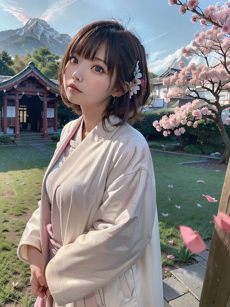 (highest quality, masterpiece),(One girl, Shrine maiden, coat, expression, Iris, Look ahead ,Brown Hair, walk, Upper Body), (Night maze sky, Huge old tree behind, Shiny pink petals fall behind, The shrine behind, Mountain Background, Blowing Wind, meteor cloud)