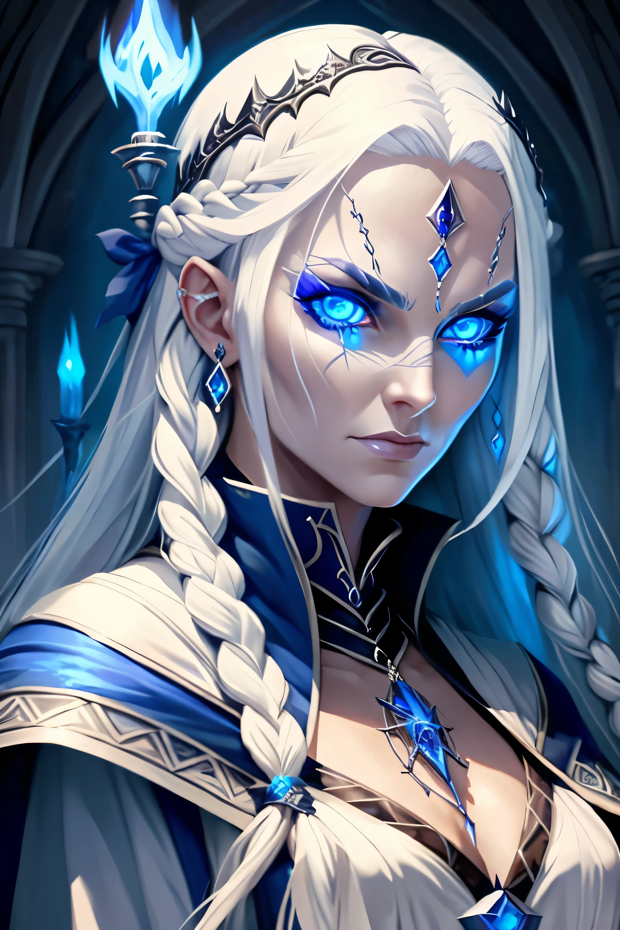 Evil sorceress, piercing blue eyes, white hair, braided hair, casting a spell