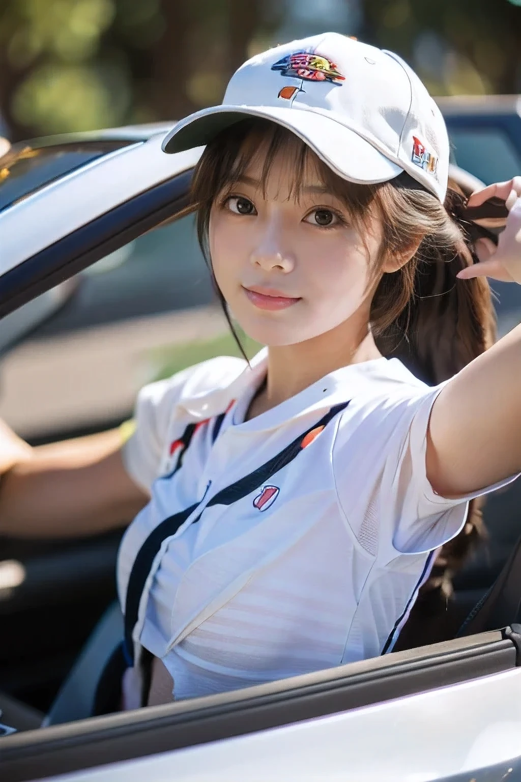 A calico cat character is driving a sports car
