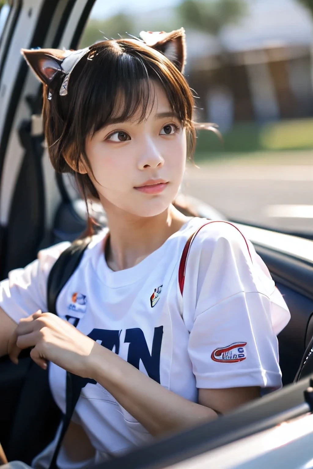 A calico cat character is driving a sports car