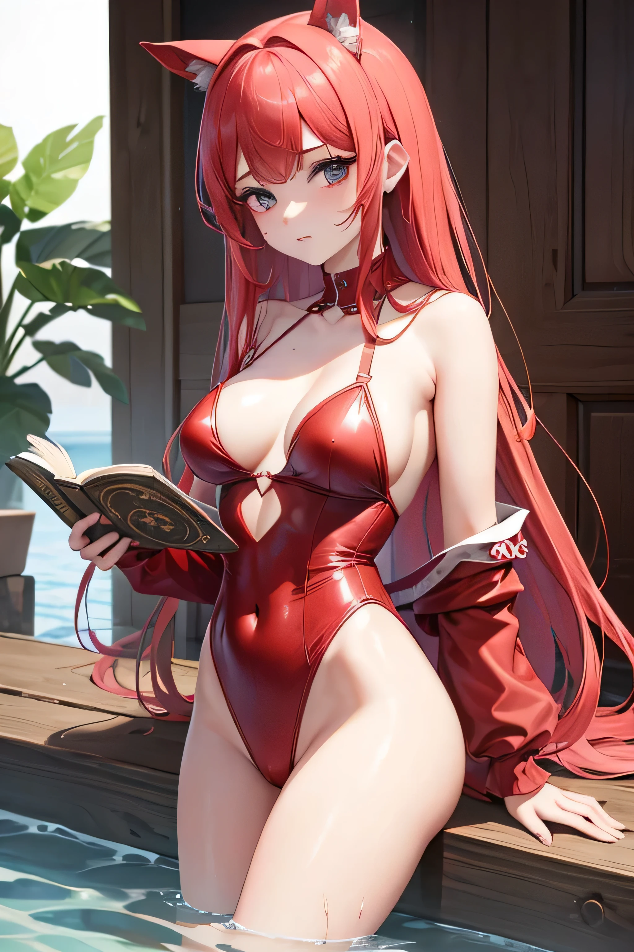 obra de arte, melhor qualidade, mais alta qualidade, fotorrealista, anatomia perfeita, rosto perfeito, olhos perfeitos, leotard red thong, olhando para tras, water hair, faixa de cabelo vermelha, luvas vermelhas, amostra, olhos azuis, saia, gargantilha, 1 garota, ao ar livre, pose sexy