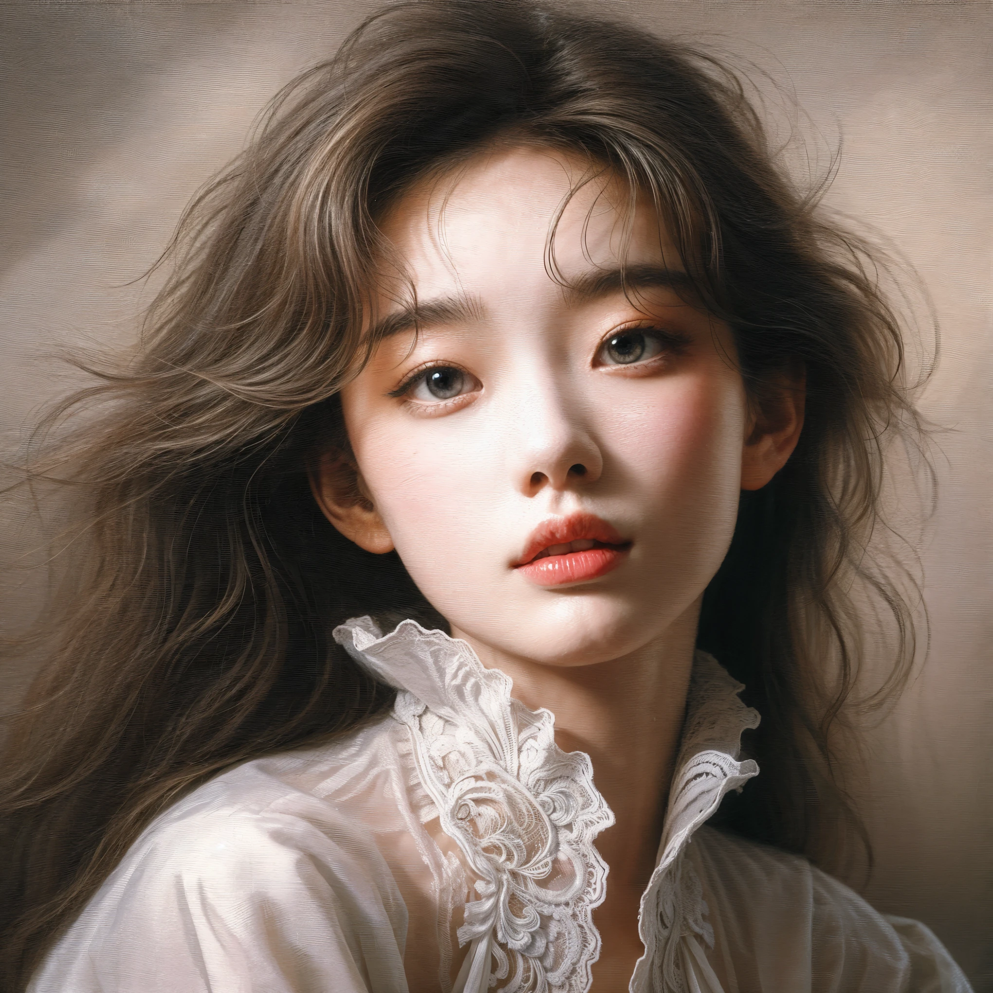Painting of a woman with long hair and a white shirt - SeaArt AI