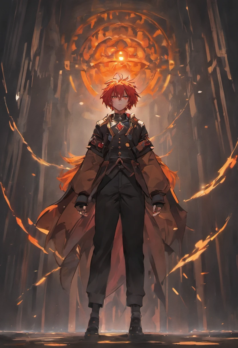 Benedick Bana DIBUJO DE ESTILO, MALE, ARTISTA DE LANZA, has very long orange hair and brown or red eyes, vestido con una gabardina larga negra con jirones en el borde, una camisa negra de cuello alto, pantalones y zapatos a juego, en su espalda tiene una lanza negra con toques rojos , Scott Adams DIBUJO DE ESTILO