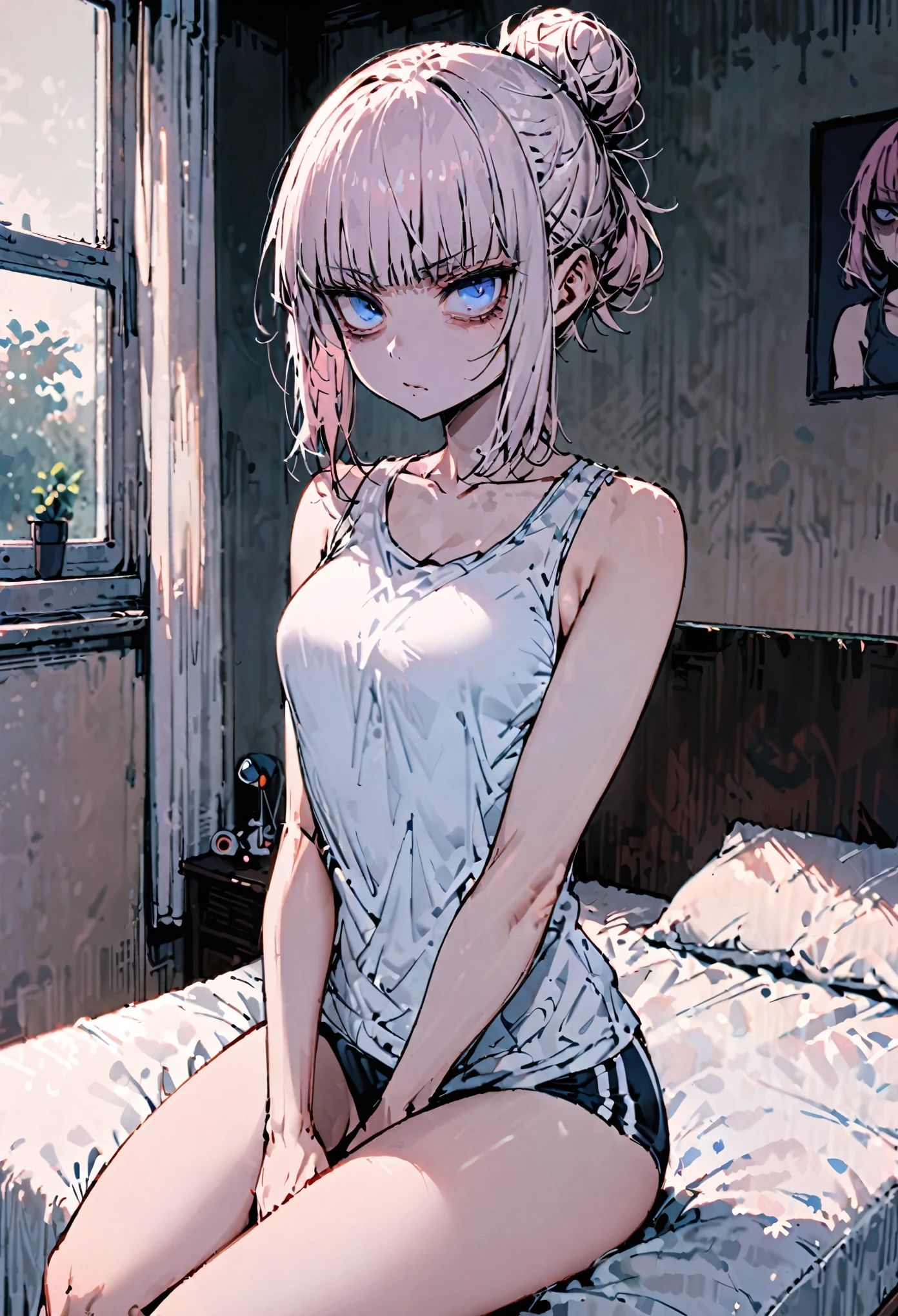 solo, female, sfw, medium short, sitting on bed, large body, small head, extremely tall, tall:1.3, short hair, half-up bun, tied hair, light pink hair, blue eyes, bags under eyes, tank top, slim, medium breasts, bedroom, nervous smile, waving