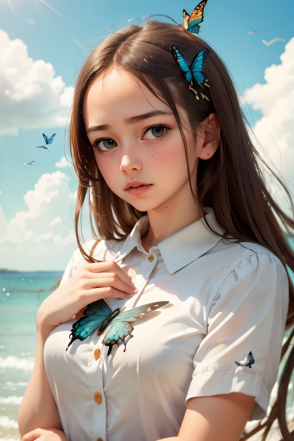 masterpiece, best quality, 1girl, bird, seagull, sky, cloud, polka_dot, blue_sky, solo, cloudy_sky, bug, butterfly, day, blush, flock, outdoors, Abigail