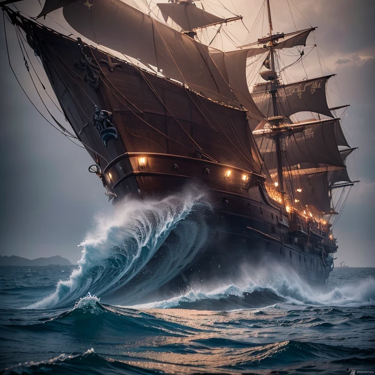 (a handsome pirate on a monstrous ship,looking at camera,candid,amateur,raw,8k,uhd,fujifilm xt3),medium:oil painting,great detail on pirate's beard and jewelry,ferocious waves crashing against the ship,dark and stormy atmosphere,subtle lighting with dramatic shadows,vivid colors,swirling mist enveloping the ship.