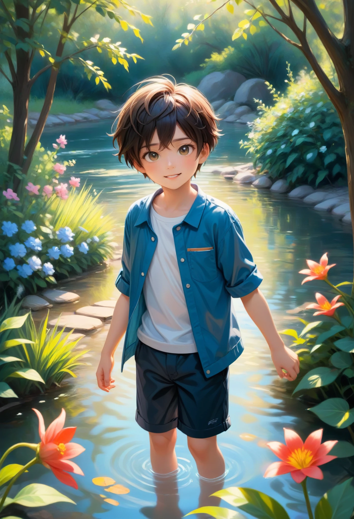 (best quality,4k,8k,highres,masterpiece:1.2),ultra-detailed,realistic(photorealistic,photo-realistic:1.37), a garden scene, vibrant colors, soft natural lighting, impressionist style, luscious brushstrokes, blooming flowers, flowing water, serene atmosphere, tranquil ambiance, mesmerizing reflections on the water, detailed foliage, vivid textures, delicate play of light and shadow, immersive depth, the boy's joyful expression, gentle breeze rustling his hair, sunlight filtering through the trees, captivating composition, peaceful countryside, a sense of harmony and beauty.