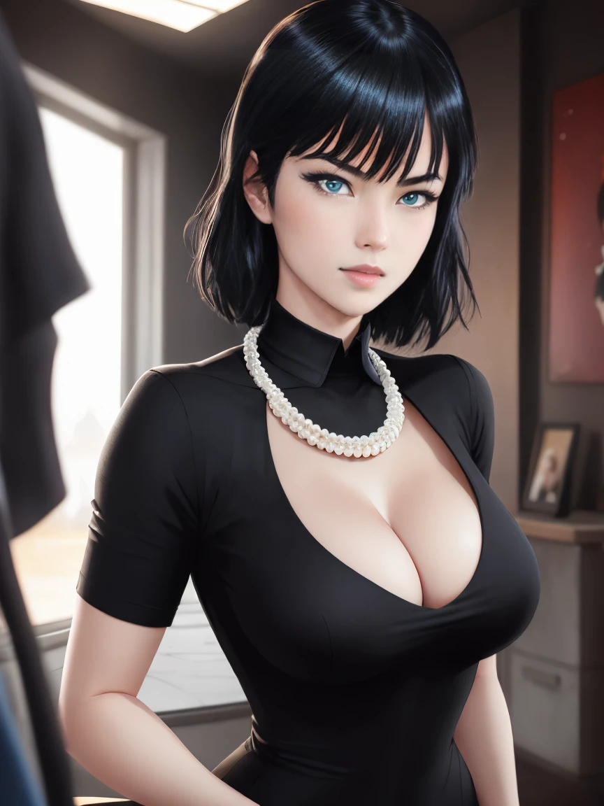 A stunning intricate full color portrait of Fubuki, pale skin, black hair, blue eyes, wearing a black tight dress, deep cleavage,pearl necklace, seductive, portrait, by ilya kuvshinov, alessio albi, nina masic, sharp focus, natural lighting, subsurface scattering, f2, 35mm, film grain,