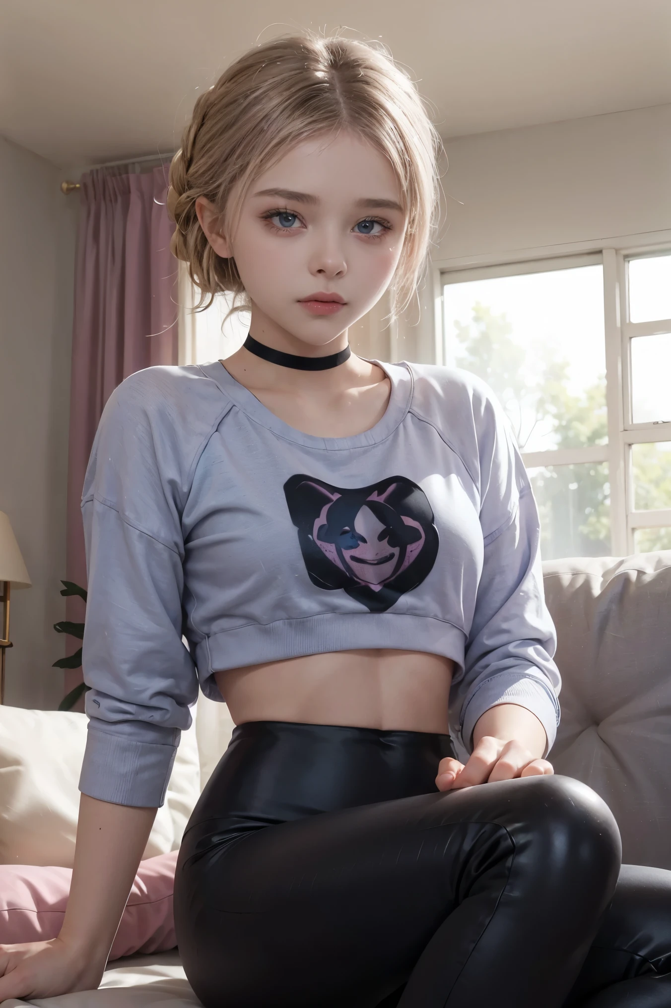 POV, Chloe Grace Moretz, comfy clothes, radiant eyes, bright blue eyes, sexy posture, pink sweat shirt crop top, sexy black leggings, slightly wet, black lace choker, looking at viewer, living room background, sitting on couch, seductive, 