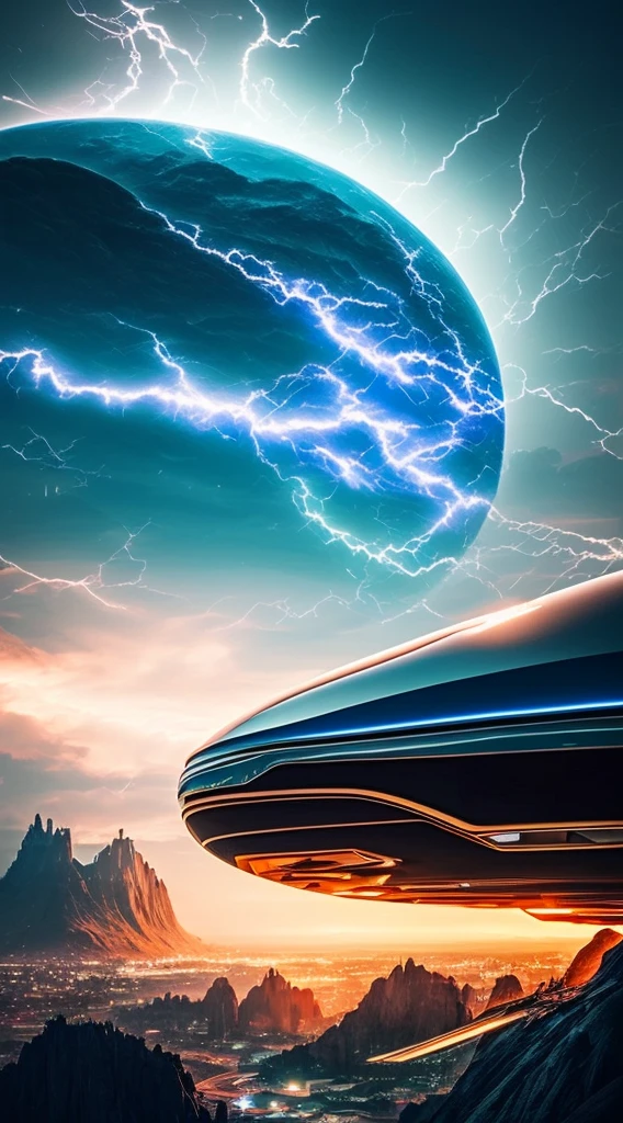 Near future,8K、 Take in the view, cyber punk, Amazing view, Cyber City, lightning, night, Futuristic, masterpiece, Best Quality, Lightning is falling