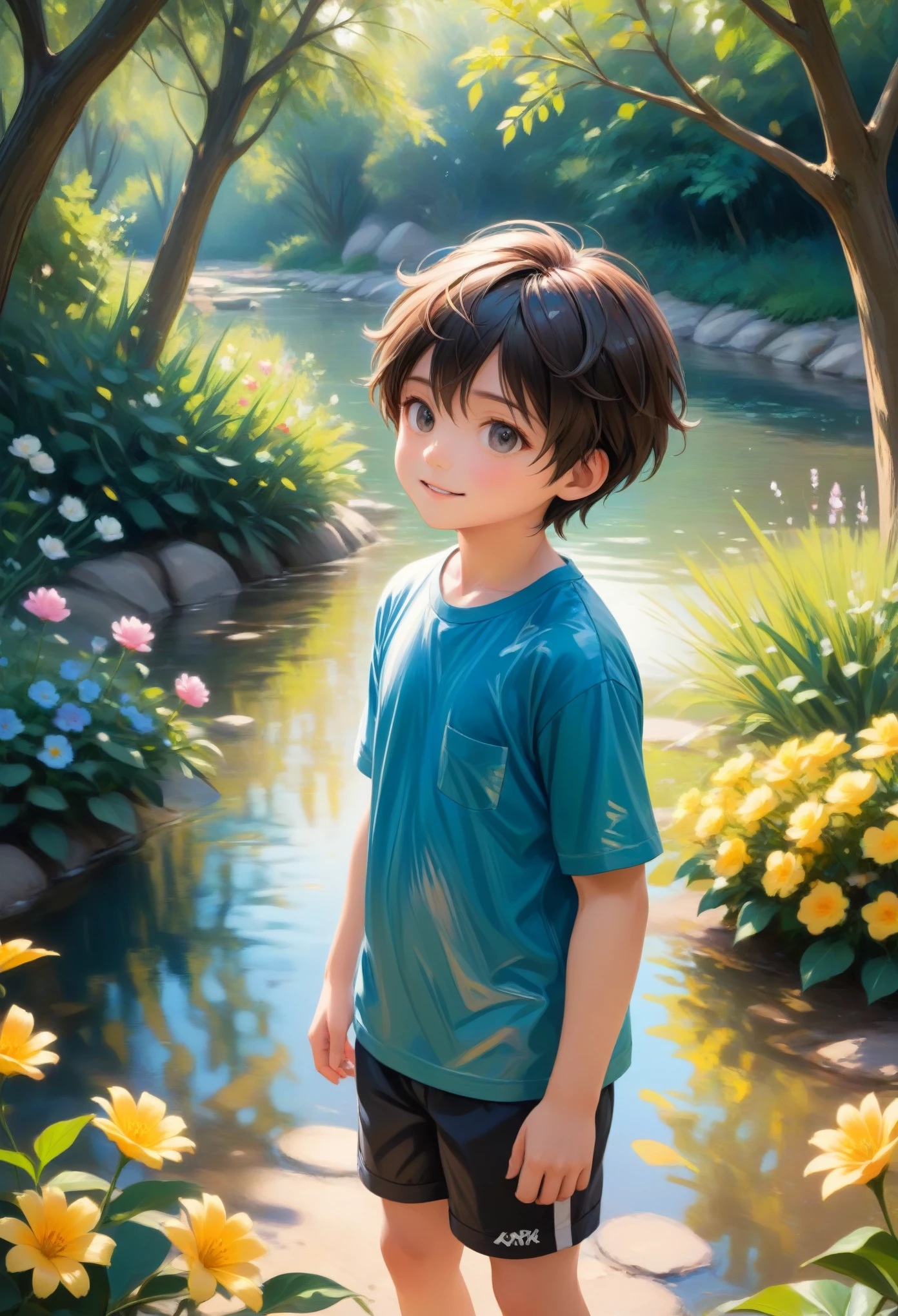 (best quality,4k,8k,highres,masterpiece:1.2),ultra-detailed,realistic(photorealistic,photo-realistic:1.37), a garden scene, vibrant colors, soft natural lighting, impressionist style, luscious brushstrokes, blooming flowers, flowing water, serene atmosphere, tranquil ambiance, mesmerizing reflections on the water, detailed foliage, vivid textures, delicate play of light and shadow, immersive depth, the boy's joyful expression, gentle breeze rustling his hair, sunlight filtering through the trees, captivating composition, peaceful countryside, a sense of harmony and beauty.
