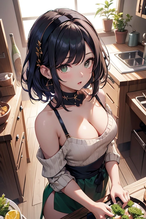 (from above:1.2),(from side:0.9),masterpiece, yor, 1girl, Bust A Cup, Amazing Cleavage:1.0, thin waist, big ass, Raised sexy, small breast: 1.3, posed cleavage:1.2、solo, looking at viewer, open mouth, have a cute grass of cute beergrass,black hair, dark green eyes, dress, bare shoulders, jewelry, collarbone, sidelocks, hairband, earrings, indoors, off shoulder, :o, sweater, arms behind back, plant, short hair with long locks, gild hairband, off-shoulder dress, sweater dress, off-shoulder sweater, red sweater, dark gord hair, big side hair, very long side hair,is rendered in (masterpiece: 1.2, best quality), with (ultra high resolution) and an exquisite (depth of field). This masterpiece is not only visually stunning but also tells,A scene of cooking in the kitchen by classroom