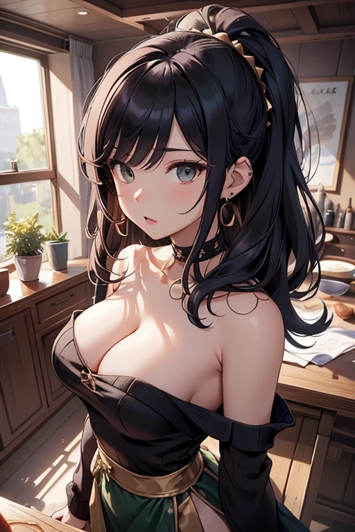 (from above:1.2),(from side:0.9),masterpiece, yor, 1girl, Bust A Cup, Amazing Cleavage:1.0, thin waist, big ass, Raised sexy, small breast: 1.3, posed cleavage:1.2、solo, looking at viewer, open mouth, have a cute grass of cute beergrass,black hair, dark green eyes, dress, bare shoulders, jewelry, collarbone, sidelocks, hairband, earrings, indoors, off shoulder, :o, sweater, arms behind back, plant, short hair with long locks, gild hairband, off-shoulder dress, sweater dress, off-shoulder sweater, red sweater, dark gord hair, big side hair, very long side hair,is rendered in (masterpiece: 1.2, best quality), with (ultra high resolution) and an exquisite (depth of field). This masterpiece is not only visually stunning but also tells,A scene of cooking in the kitchen by classroom