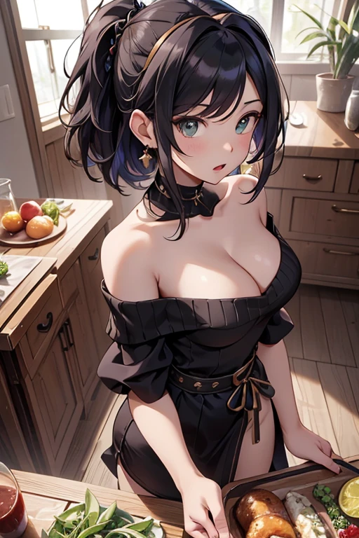 (from above:1.2),(from side:0.9),masterpiece, yor, 1girl, Bust A Cup, Amazing Cleavage:1.0, thin waist, big ass, Raised sexy, small breast: 1.3, posed cleavage:1.2、solo, looking at viewer, open mouth, have a cute grass of cute beergrass,black hair, dark green eyes, dress, bare shoulders, jewelry, collarbone, sidelocks, hairband, earrings, indoors, off shoulder, :o, sweater, arms behind back, plant, short hair with long locks, gild hairband, off-shoulder dress, sweater dress, off-shoulder sweater, red sweater, dark gord hair, big side hair, very long side hair,is rendered in (masterpiece: 1.2, best quality), with (ultra high resolution) and an exquisite (depth of field). This masterpiece is not only visually stunning but also tells,A scene of cooking in the kitchen by classroom