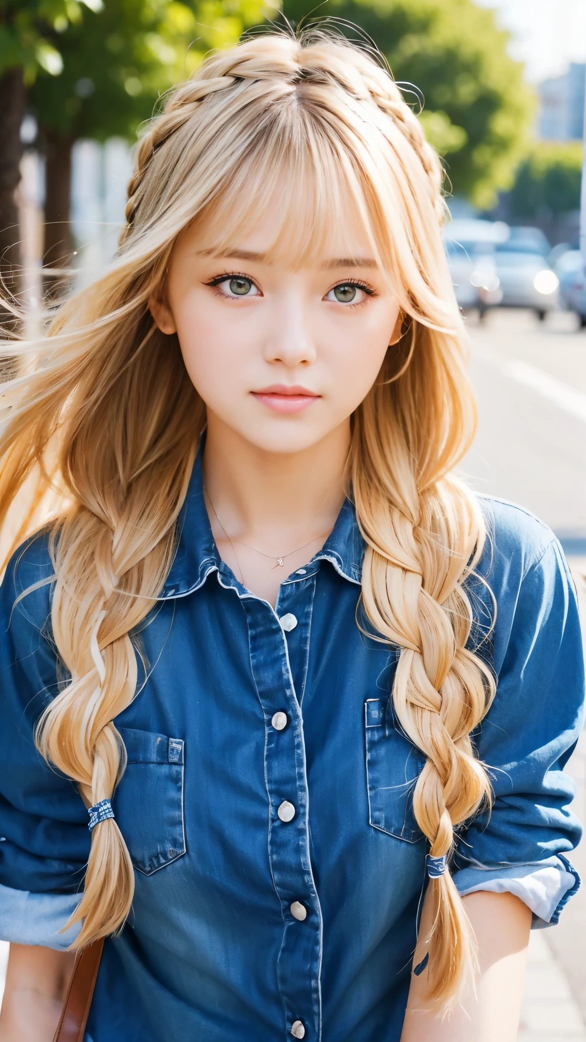 Sexy big 、Sexy cute looks and cute 15 year old beautiful girl, Beautiful and sexy face、A strong wind blows my hair in front of my face、Beautiful long blonde French braided hair、Beautiful, cute and sexy eyes hidden by long bangs