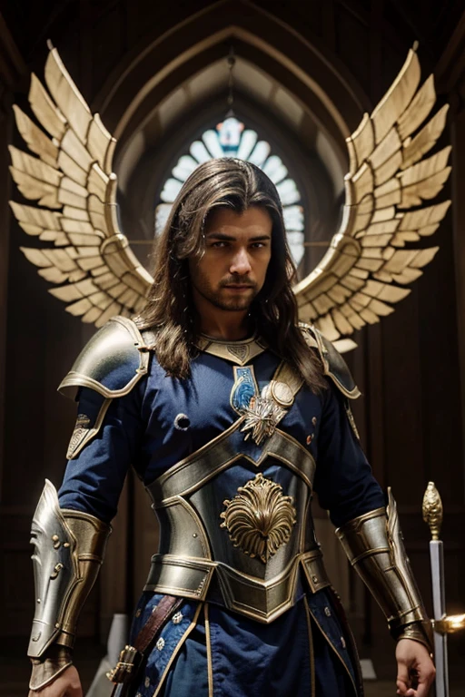 Crie uma imagem majestosa e poderosa do Arcanjo Gabriel, representado como um guerreiro celestial. Ele deve estar vestindo uma armadura reluzente, cheia de detalhes intricados, que reflete a luz divina. Gabriel deve estar empunhando uma espada de luz, symbolizing justice and protection. Gabriel's expression must convey determination and authority, with stately wings open in all their glory. The setting must be heavenly, com nuvens brilhantes e uma aura de luz ao redor do arcanjo, highlighting your divine and powerful presence. The image must convey the essence of a divine protector, pronto para combater o mal e trazer paz."