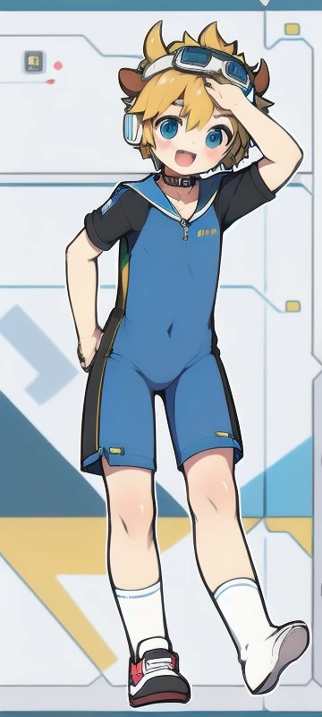 Second dimension boy ager,One-piece mountaineering suit,horn,Cow ears,Put the headphones on your head,stand up,goggles,sports shoes,Slim,Sailor collar,White knee socks,Short sleeve shorts,Leg ring,cute,happy