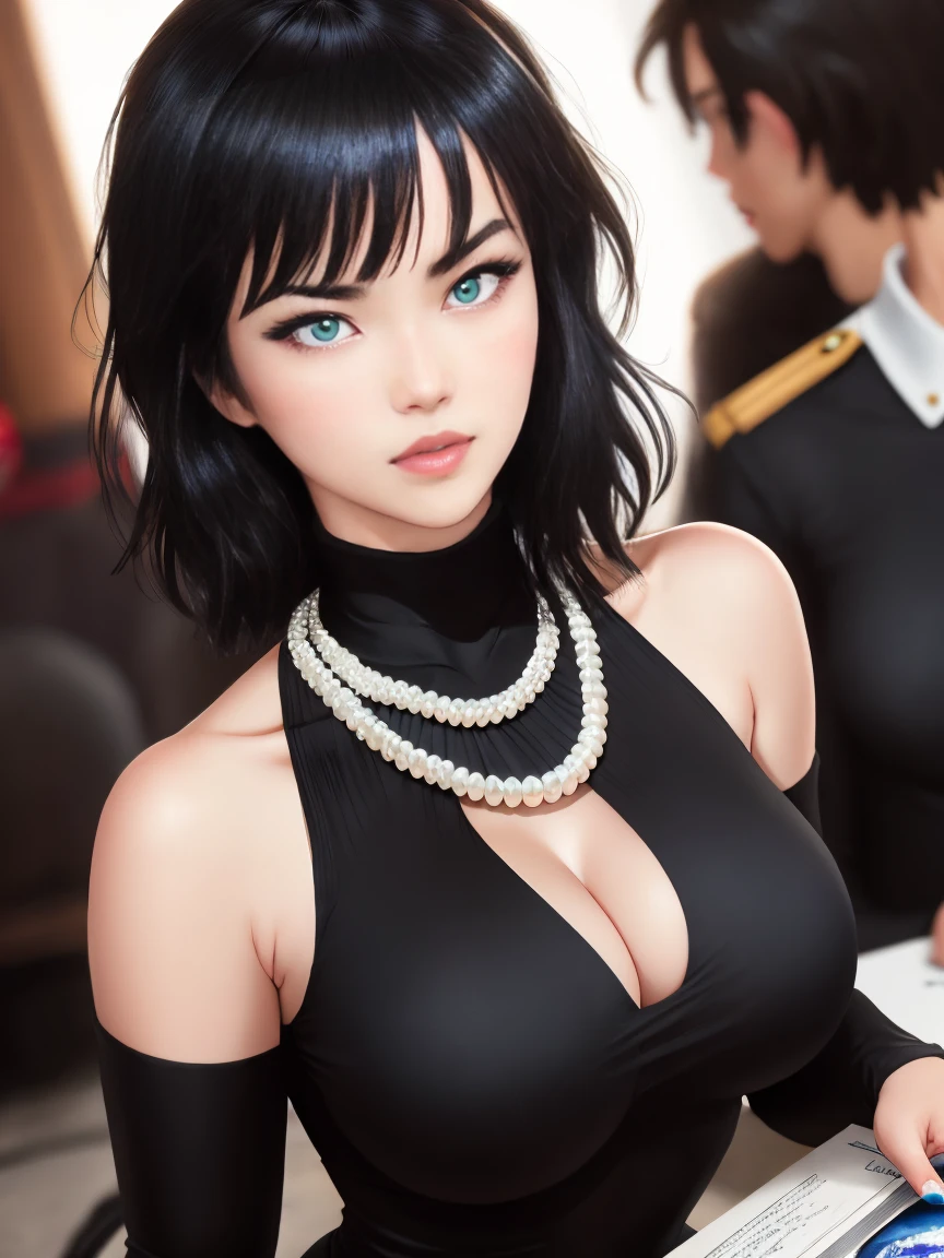 A stunning intricate full color portrait of Fubuki, pale skin, black hair, blue eyes, wearing a black tight dress, deep cleavage,pearl necklace, seductive, portrait, by ilya kuvshinov, alessio albi, nina masic, sharp focus, natural lighting, subsurface scattering, f2, 35mm, film grain,