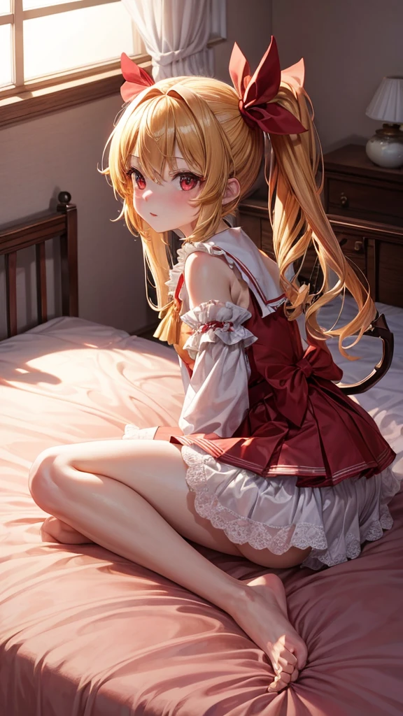 On the bed, highest quality, 1 girl,Flandre Scarlet,Blonde side ponytail、Bedroom Background,I&#39;m wearing a white thug hat、And colorful feathers、topless、ＨCup Chest、blush,naked、全naked