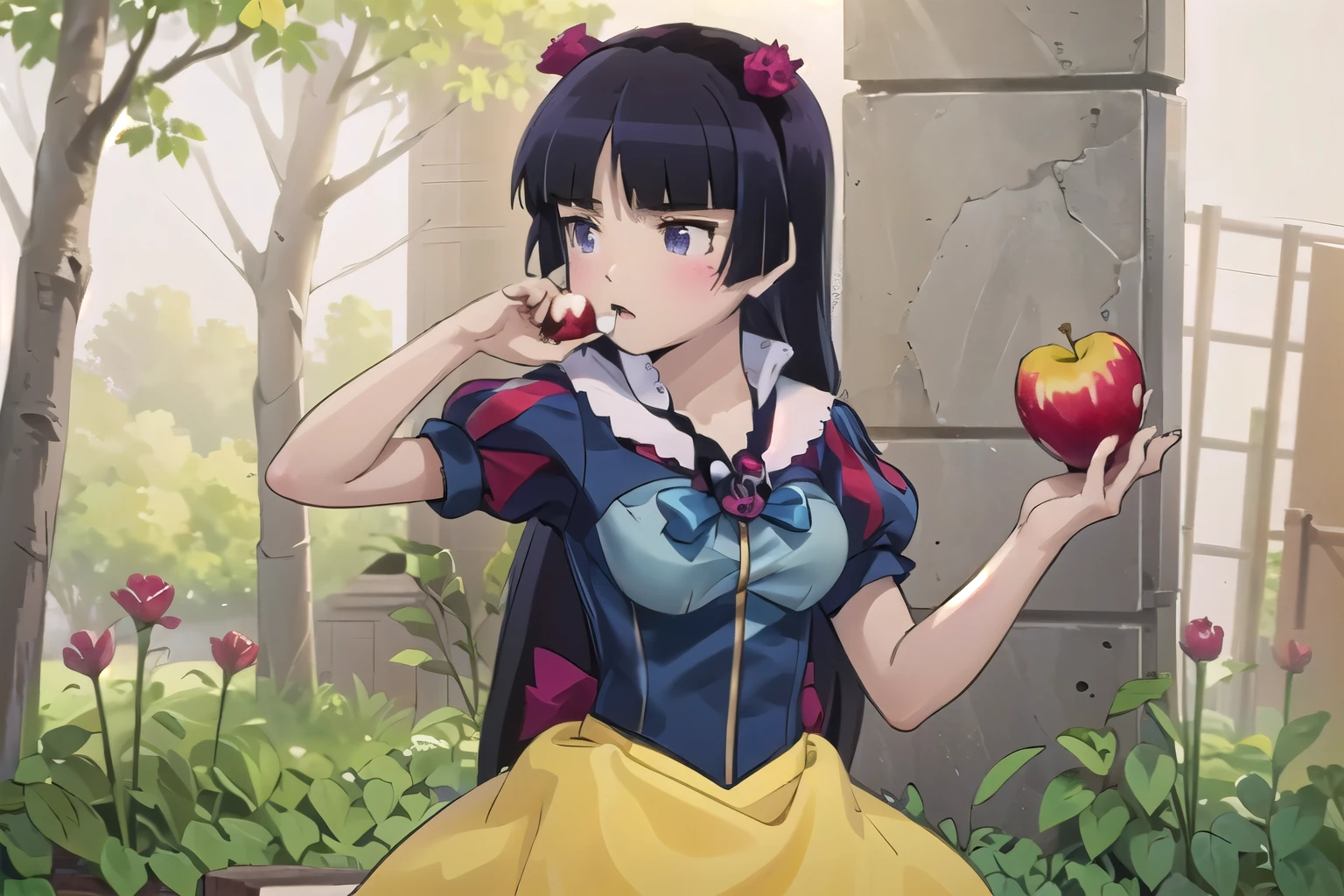 ((masterpiece, highest quality, Very detailed)), (ruri gokou), Hime cut, Long Hair, Blunt bangs, Black Hair,Dramatic lighting, (Grab a poisonous green poison apple), detailed dress, snow white, (red bow), yellow skirt, tight blue corset, yellow dress, field、
