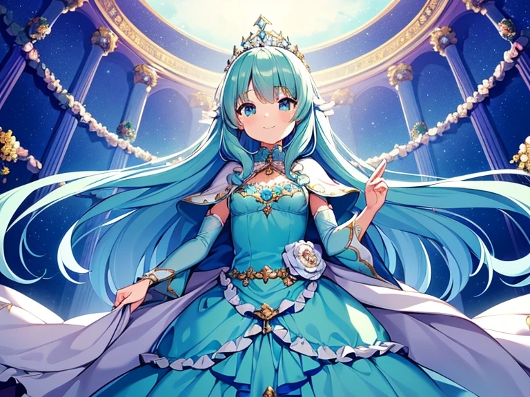 (kawaii),(best quality),(ultra detailed), upper body,(rococo style),(long train mint blue cape:1.05), very long cape,(long train mint blue ball gown with flower decorations:1.05), a girl is wearing a cape over her gown, 1 princess, tiara, smile, small breasts, very long hair