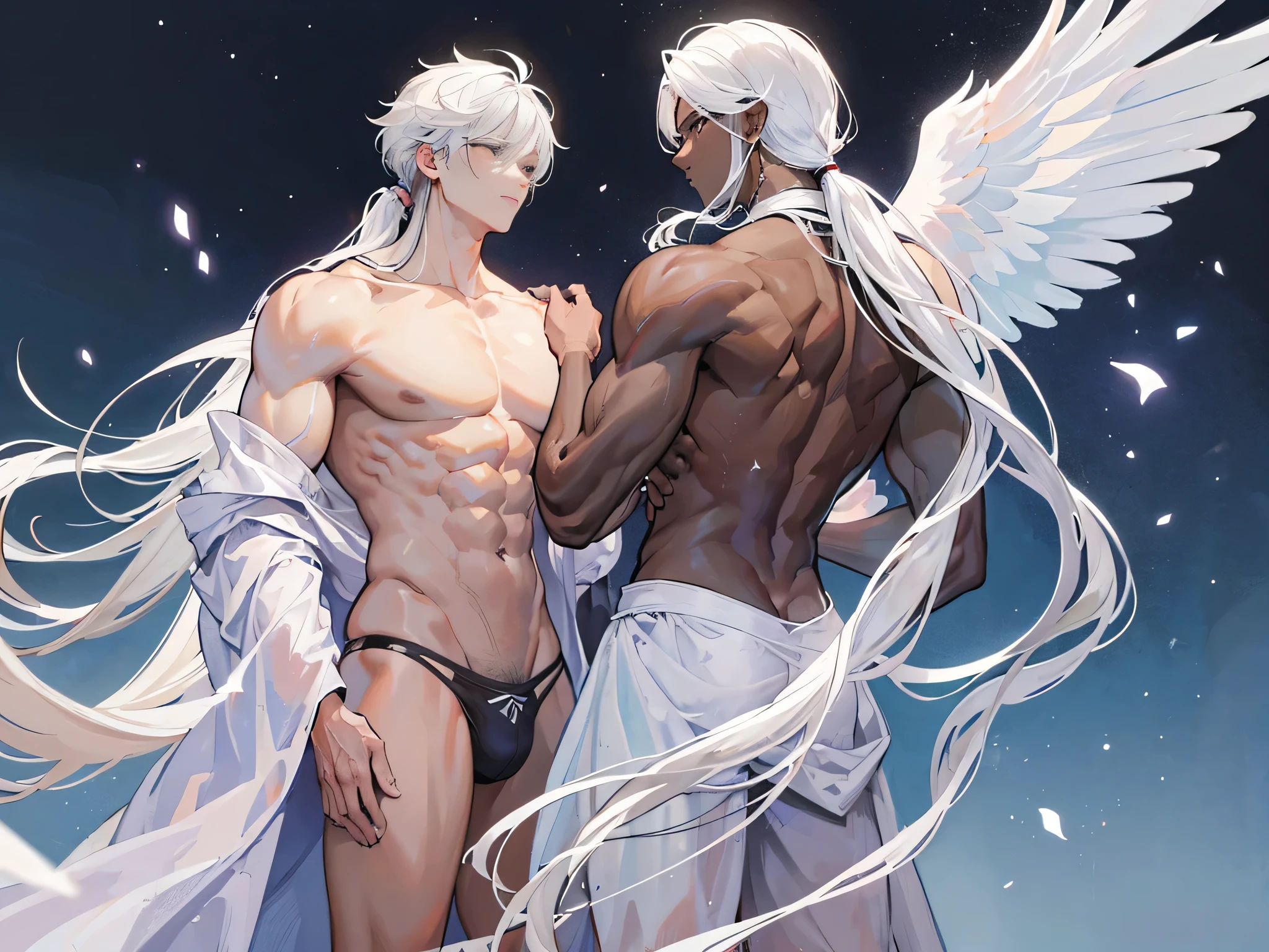 ((Masterpiece, Highest quality)), Male, boy, Detailed face, character design sheet, full bodyesbian, Full of details, frontal body view, back body view, Highly detailed, Depth, Many parts, dark skin, angel wings, white hair, angel outfit, Muscle boy with white long ponytail hair,handsome man, male angel , man tall, abs, pectoral muscle