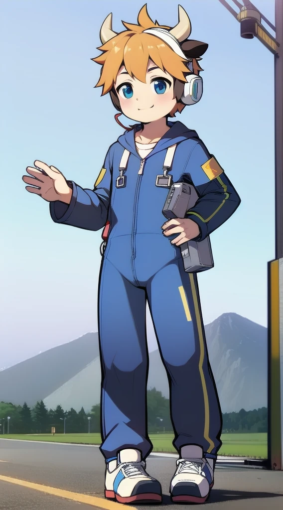 Second dimension boy，One-piece mountaineering suit，Horns，Cow ears，Put the headphones on your head，Stand up，Goggles，sports shoes，Slim，happy，Sailor collar