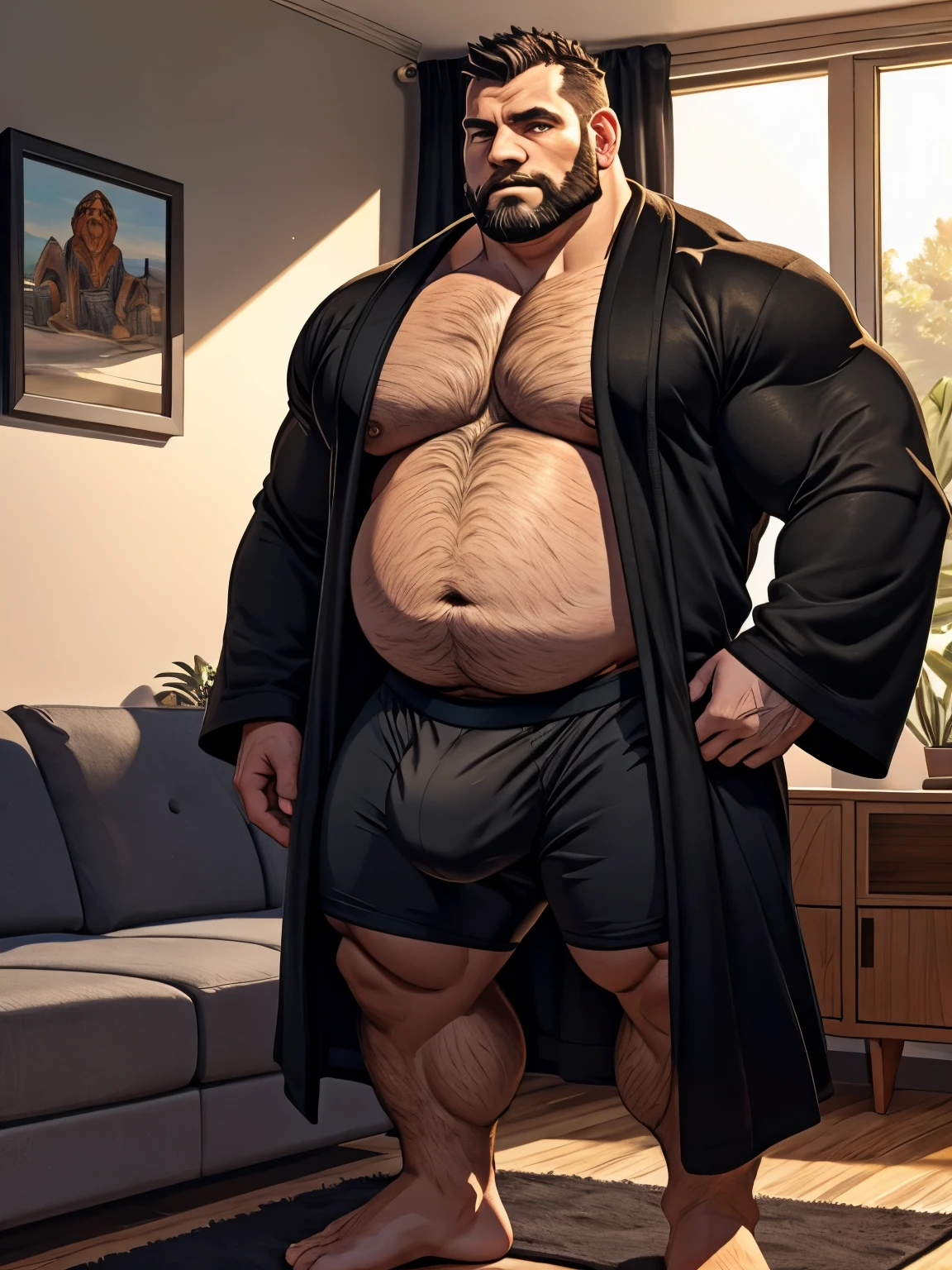 40 years old white Male, tall, giant body, handsome, dad bod, beefy, strong arms and legs, wide shoulders, a bit chubby muscle gut, a bit of fat but still very muscular, extremely hairy, short beard, wearing a black bathrobe with long sleeves, wearing a black boxer brief, unrealistc huge bulge inside boxer brief, barefoot, standing casually, smirking, spacious modern living room, full body picture,