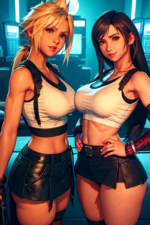 (masterpiece), (high quality), (realistic 1.5), (2 girls)  female Cloud Strife, Tifa Lockhart, big breasts, white sleeveless top, black skirt, sexy pose, mischievous smile, soft lightning, looking at viewer, keeping eye contact, precise hands