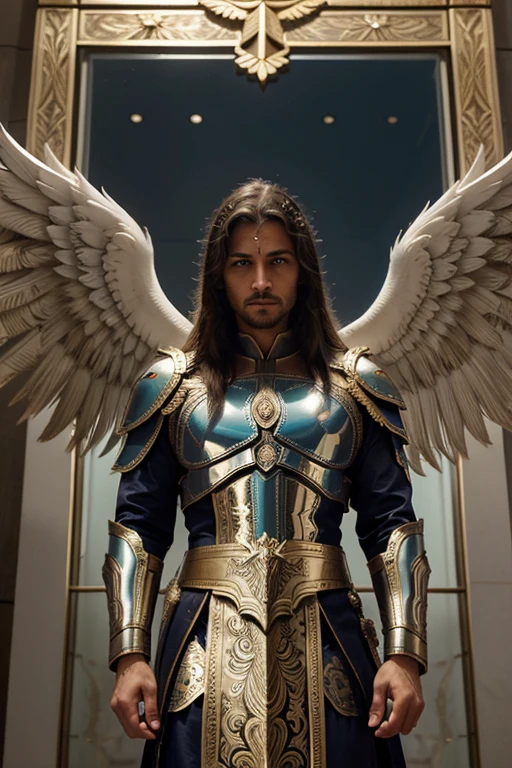 Create multiple majestic and powerful images of Archangel Gabriel, representado como um guerreiro celestial. Cada imagem deve mostrar Gabriel vestindo uma armadura reluzente, cheia de detalhes intricados, que reflete a luz divina. In one hand, Gabriel deve empunhar uma espada de luz, symbolizing justice and protection. In the other hand, ele deve segurar um escudo celestial, adorned with sacred symbols. Gabriel's expression must convey determination and authority, with its imposing wings open in all its glory. The setting must be heavenly, com nuvens brilhantes e uma aura de luz ao redor do arcanjo, highlighting your divine and powerful presence. Each image must capture the essence of a divine protector, pronto para combater o mal e trazer paz."