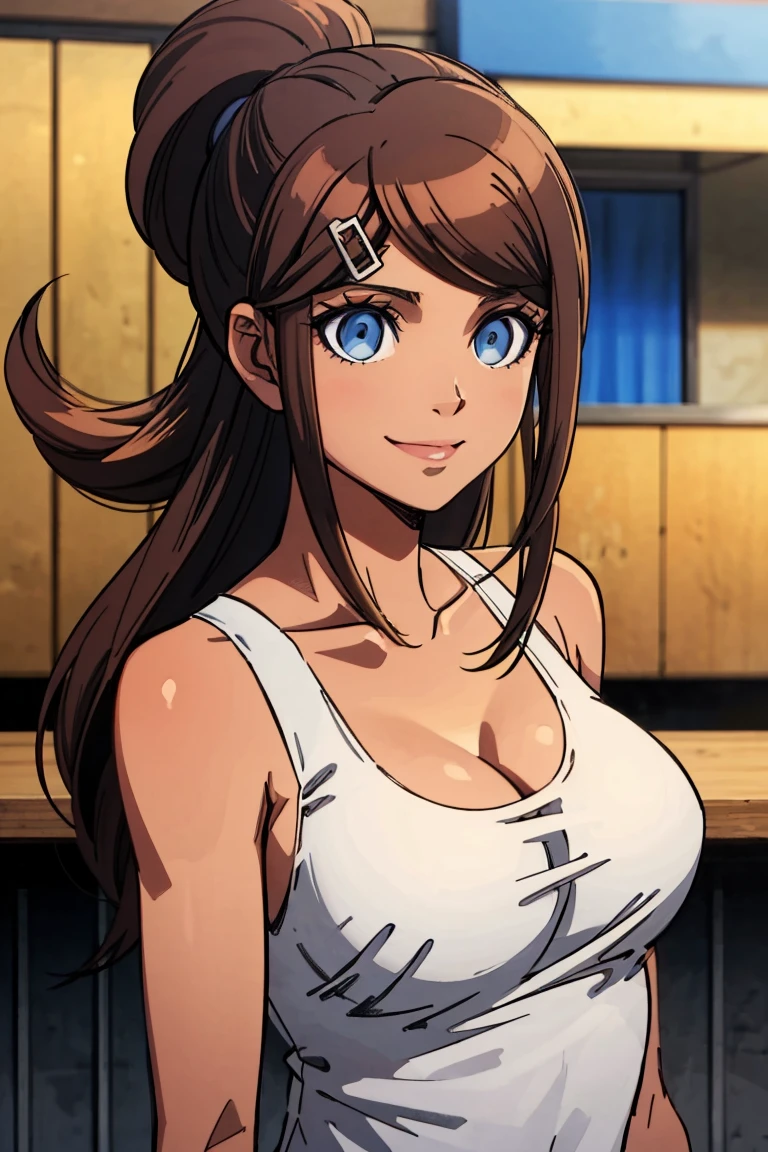 Aoi Asahina, white tanktop, dark brown hair, mid long hair, blue eyes, young adult, 30 years old, beautiful face, light smile, city backround