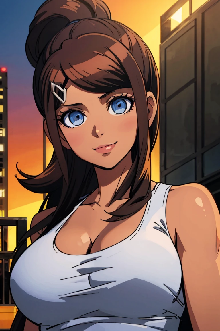 Aoi Asahina, white tanktop, dark brown hair, mid long hair, blue eyes, young adult, 30 years old, beautiful face, light smile, city backround