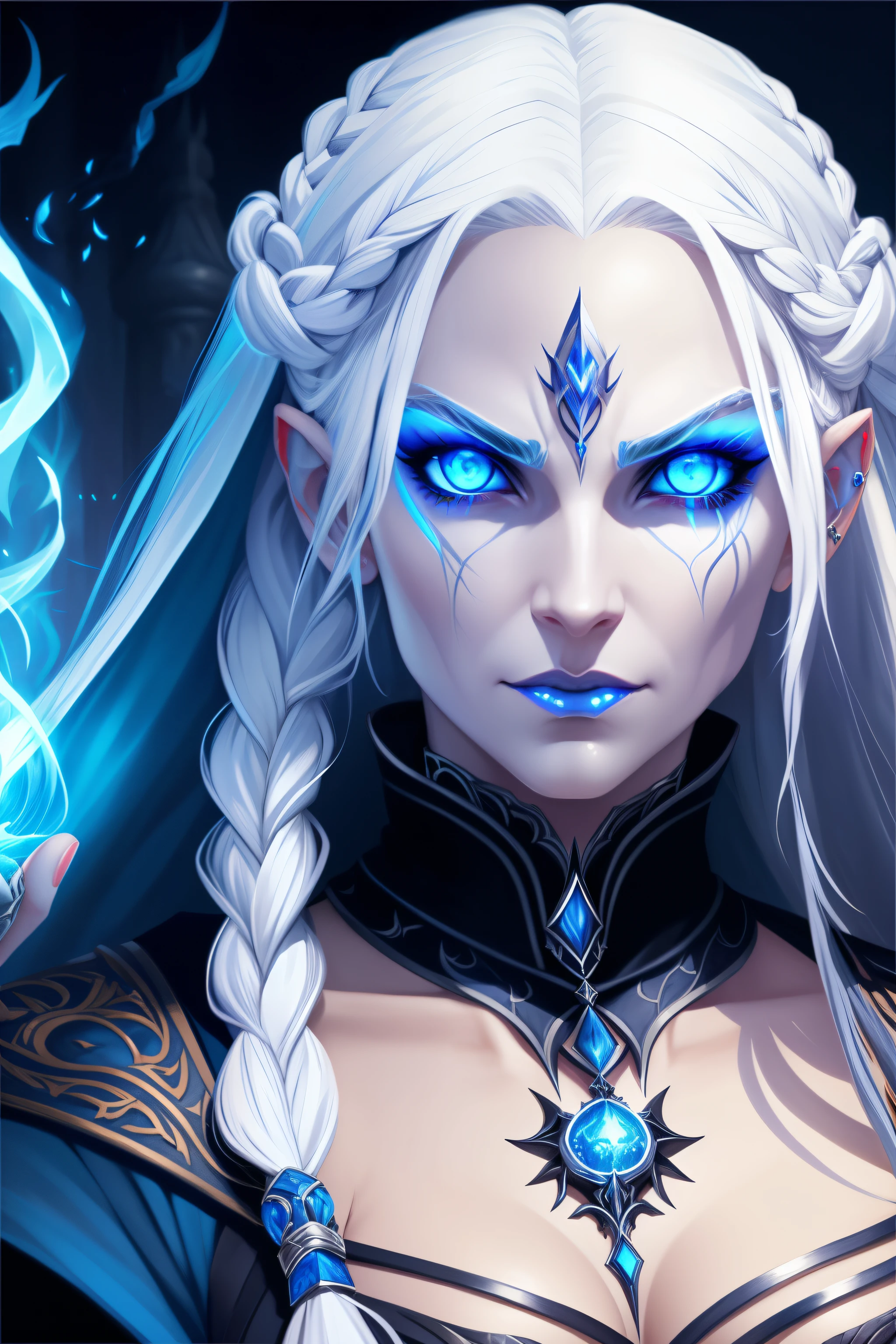Evil sorceress, piercing blue eyes, white hair, braided hair, casting a spell