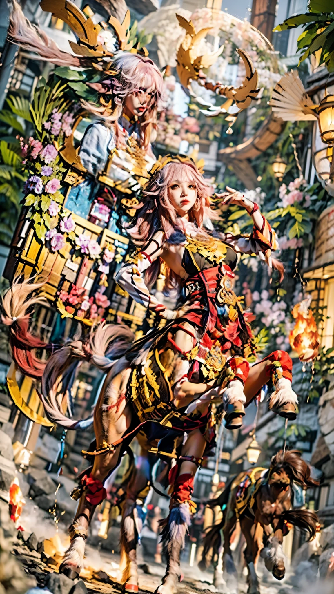 In the beautiful illustration of this super-grand scene,The ultra-distant lens shows us(More than eight distinctive Centaur characters:2.7),Their personality、Distinctive and vivid features。from(A radiant, angelic, snow-white centaur from heaven:1.1),arrive(Nightmare-like fiery red centaur surrounded by flames:1.1)、再arrive(Green Centaur, the wind fairy dancing in the air:1.1)、再arrive有(One-horned blue centaur surrounded by lightning:1.1),arrive(A mechanical-style mecha Centaur shining with metallic light:1.1)、再arrive(A powerful dragon-shaped centaur wearing colorful dragon scale leather:1.1)、再arrive(A slender elven centaur that is graceful and agile:1.1)Gracefully wears a flower crown、arrive(Enchanting and charming Tiflin centaurs:1.1)、再arrive(A succubus centaur with an indescribably sexy feeling:1.1)。Each Centaur character fully demonstrates his unique style。The illustration uses advanced artistic techniques and tools,Use nesting、Weaving、Splicing、perspective、interlude、Montage and other artistic techniques,Divide the scene into sections by geometric arrangement,Each part corresponds to a role,from而更有效地利用了空间,Make eight centaurs exist in one picture at the same time,(The style tends to be grotesque,abstract,fantasy,Gothic,Cthulhu,indescribable:3.3)。Through Midjourney's advanced brush tools、Color palette、Material packs和模型包、Texture tools,For each centaur, beautiful props are designed to increase racial characteristics、Clothing and physical features,Enhances the character's personality and visual appeal,The scenery in the illustrations is stunning,There are changing skies、rainbow、aurora、Stars and Moon。Incorporating iconic landmarks such as Mount Everest,and fireworks、Tranquil Lake、Natural and urban elements of waves and neon lights,Creates a magical atmosphere,Centaurs demonstrate their unique abilities and equipment in a variety of environments,This is true even in extreme alien landscapes。Use Midjourney's tools、Material packs、Texture tools、The color palette makes depicting details vivid and realistic,from复杂的发型和以及不同的种族特质、Body、Appearance features、服装arrive真实的纹理,Greatly improved the realism of the Centaurs and their surroundings,The fusion of multiple art styles adds dynamism to the character's movement at all angles,The overall visual experience is further enriched。The final illustration was described as a "masterpiece",It has the characteristics of "best quality" and "realistic",The details put into the creative process are shown、Level of creativity and craftsmanship。 hdr,(Reality,Masterpiece quality,Best quality)