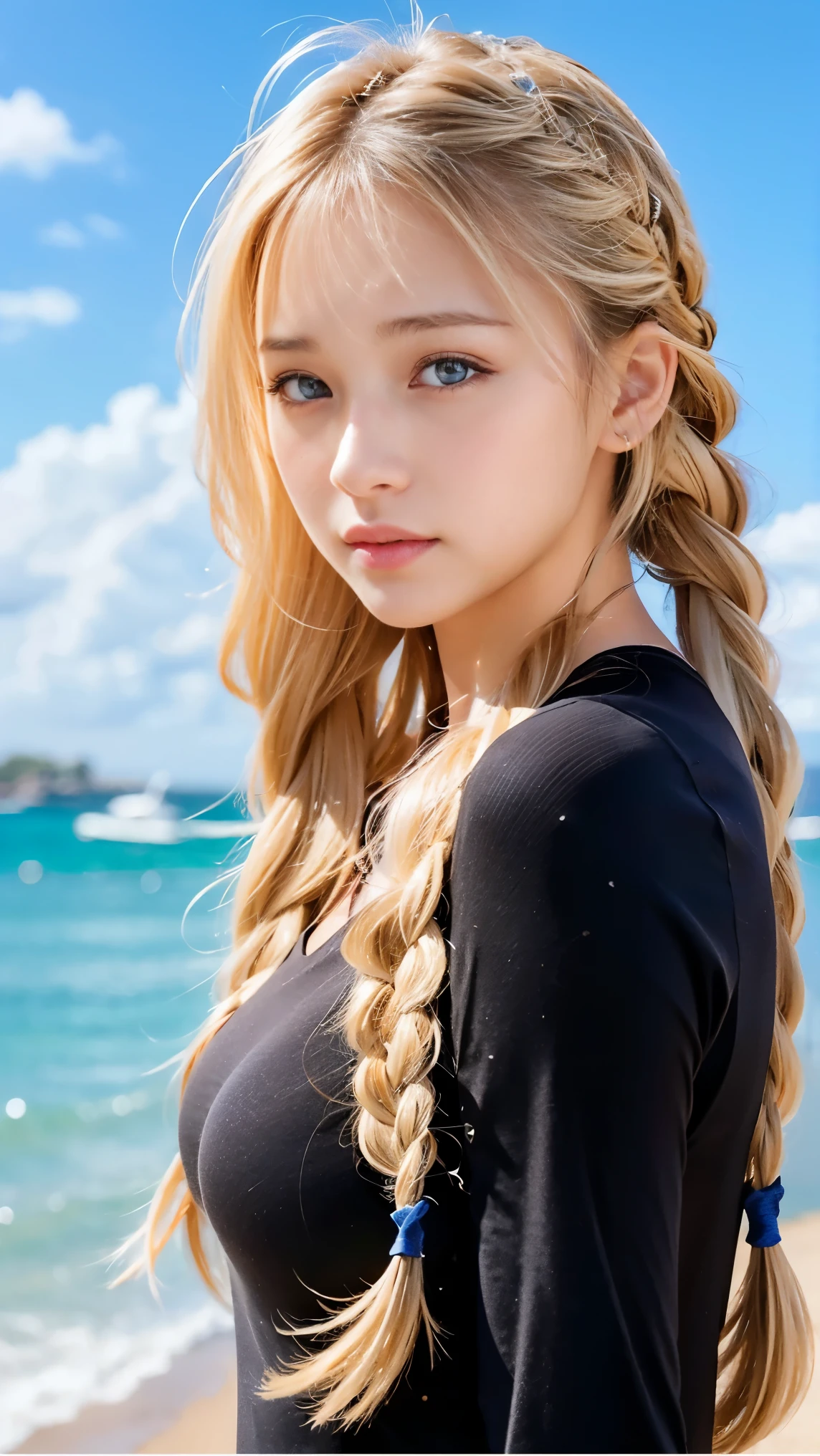 Sexy big 、Sexy cute looks and cute  beautiful girl, Beautiful and sexy face、A strong wind blows my hair in front of my face、Beautiful long blonde French braided hair、Beautiful, cute and sexy eyes hidden by long bangs