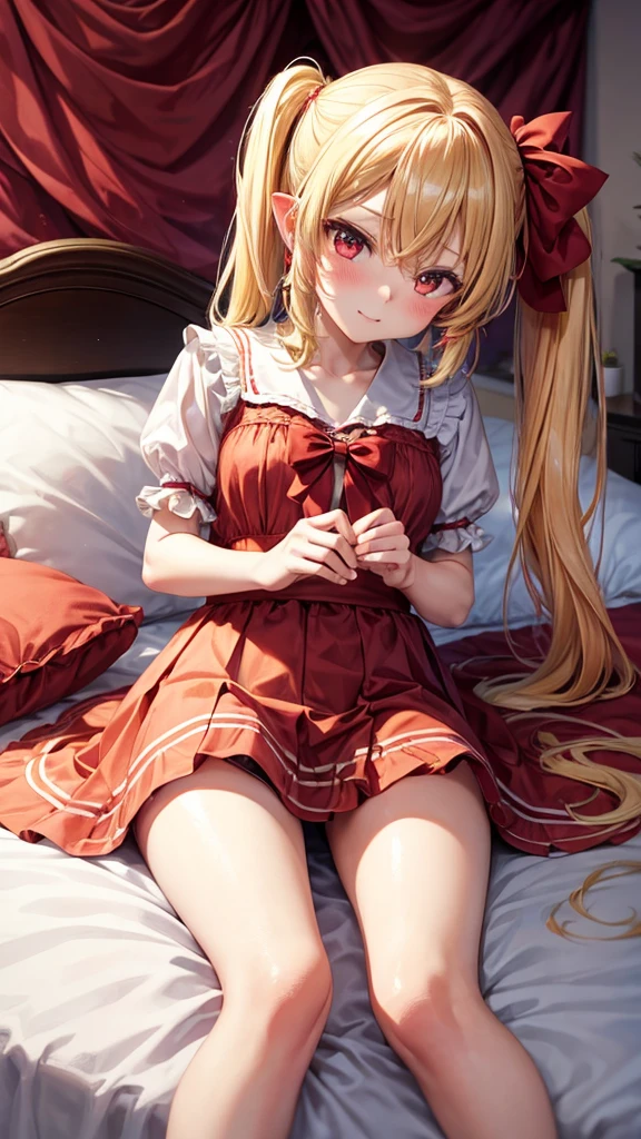 On the bed, highest quality, 1 girl,Flandre Scarlet,Blonde side ponytail、Bedroom Background,I'm wearing a white thug hat、And colorful feathers、topless、HCup Chest、blush,naked、全naked、Dripping vaginal discharge
