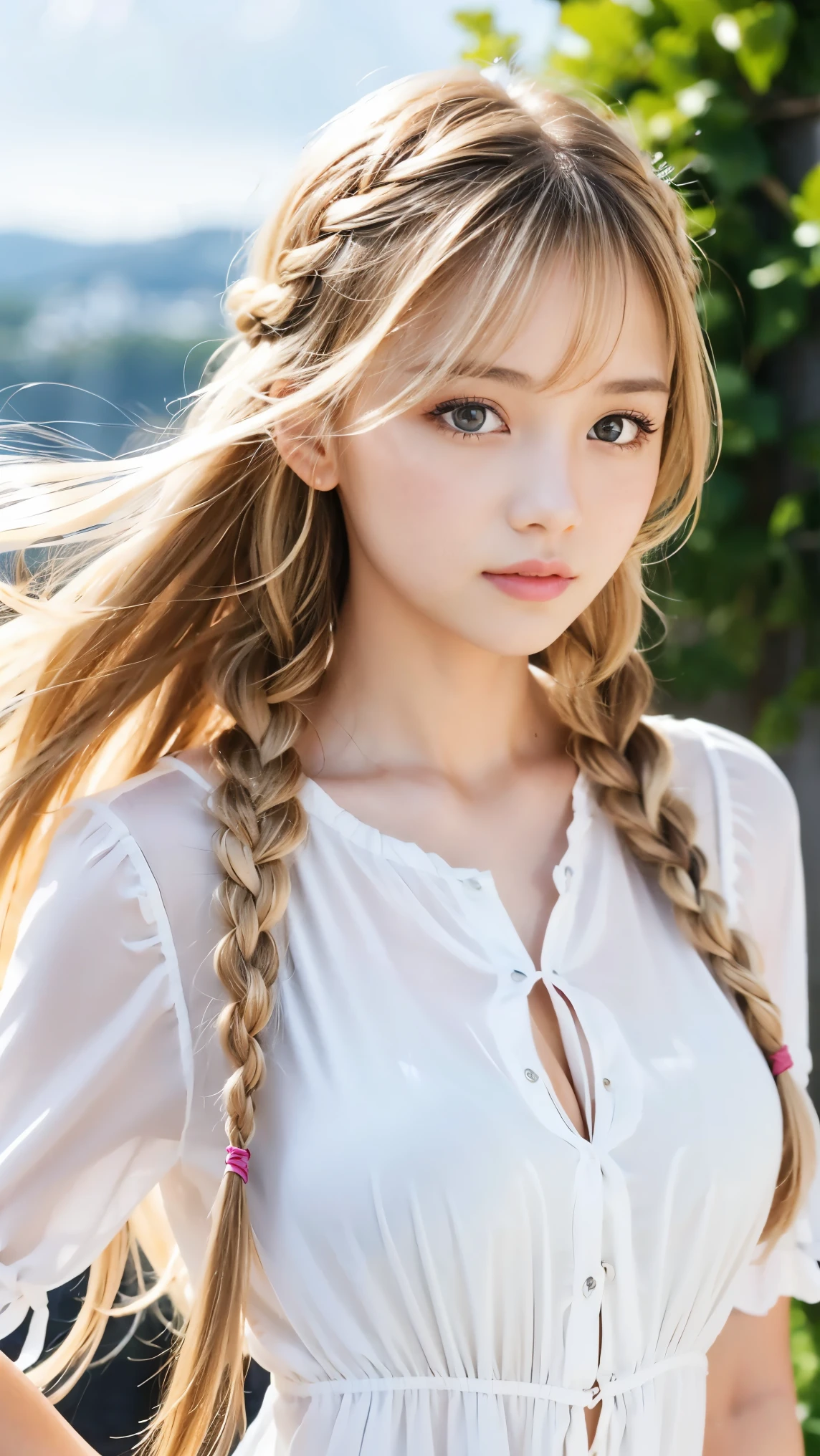 Sexy big 、Sexy cute looks and cute beautiful girl, Beautiful and sexy face、A strong wind blows my hair in front of my face、Beautiful long blonde French braided hair、Beautiful, cute and sexy eyes hidden by long bangs