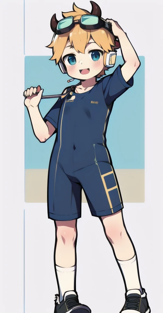 Second dimension boy teenager，One-piece mountaineering suit，horn，Cow ears，Put the headphones on your head，stand up，goggles，sports shoes，Slim，White knee socks，Short sleeve shorts，Leg ring，cute，happy
