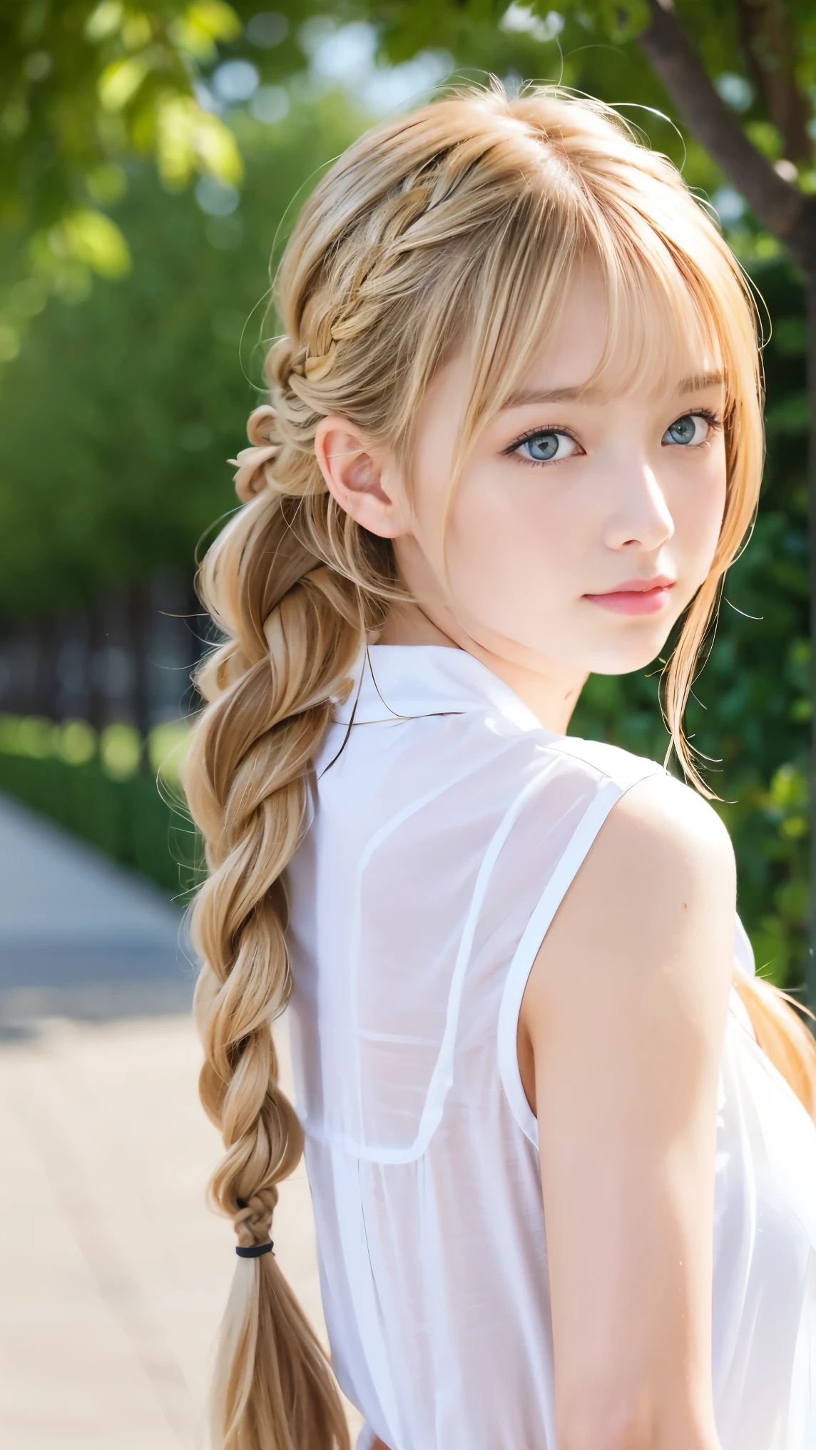 Sexy big 、Sexy cute looks and cute 15 year old beautiful girl, Beautiful and sexy face、A strong wind blows my hair in front of my face、Beautiful long blonde French braided hair、Beautiful, cute and sexy eyes hidden by long bangs