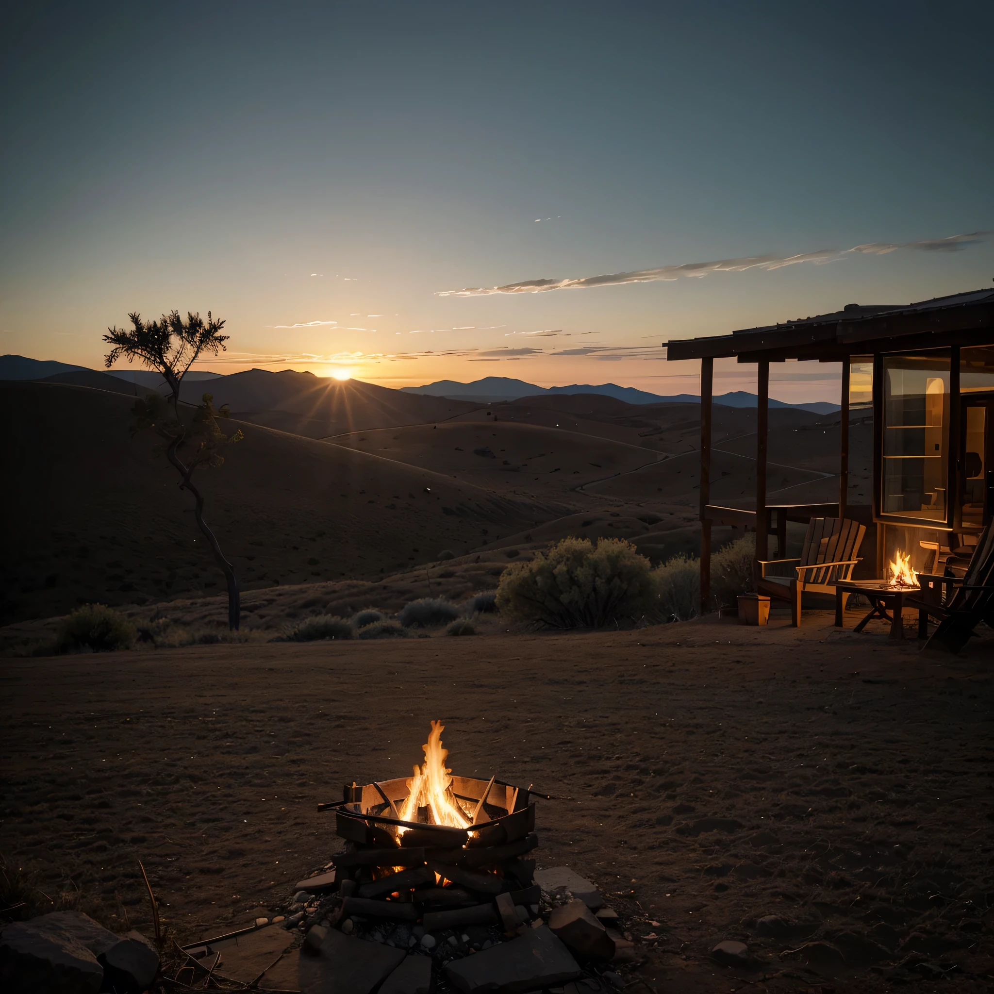 Craft an image in a minimalist black ink style, suitable for a logo, that portrays a Wild West landscape at dusk. The scene should focus on a small, flickering campfire set against a backdrop of rolling hills and sparse vegetation. Include a hint of a cowboy silhouette sitting by the fire. The art should use clean lines and minimal details, emphasizing the stark beauty of the Wild West with a tranquil, almost Zen-like quality. 4D