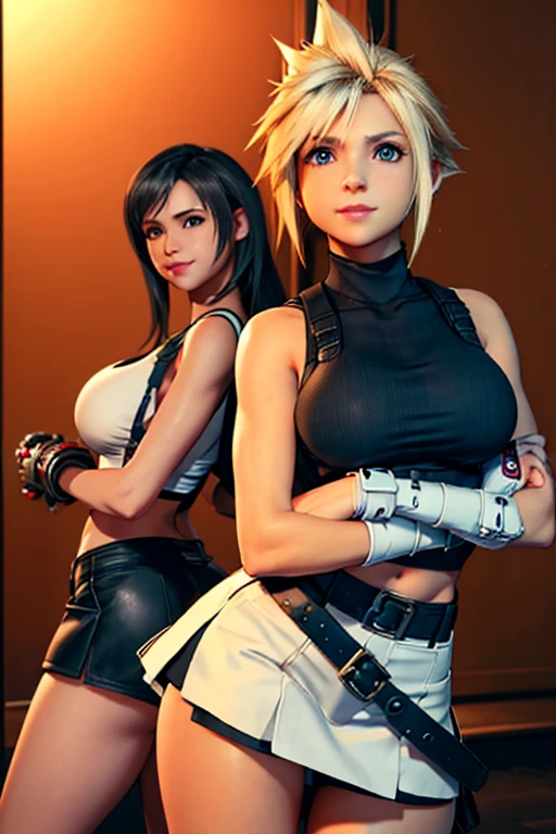 (masterpiece), (high quality), (realistic 1.5), (2 girls) female Cloud Strife, Tifa Lockhart, big breasts, white sleeveless top, black skirt, sexy pose, mischievous smile, soft lightning, looking at viewer, keeping eye contact, precise hands