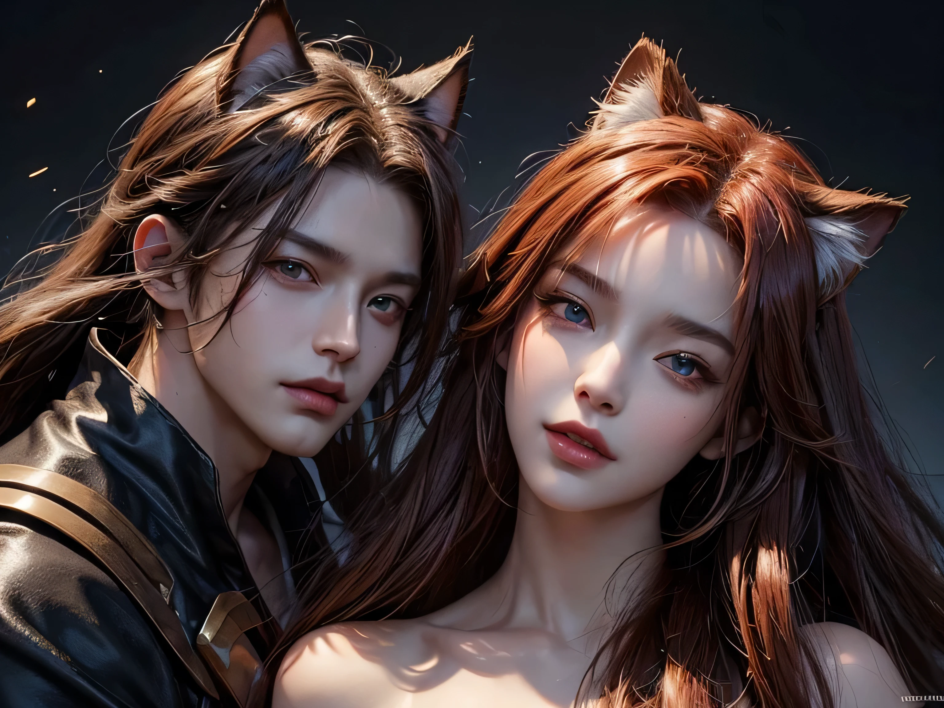 (Best Quality, 8K, Masterpiece, HDR, Soft Lighting, Picture Perfect, Realistic, Vivid), (woman, red hair, brown eyes, cat ears, close to man)( man, male, black hair, blue eyes, Man with cat ears, get ear) woman and man, cat ears, couple, (((full size figure))) Eyes looking at camera (with long red hair, long bangs, Forehead, smile, seductive, anime character portrait inspired) color difference, depth of field, dramatic shadow, ray tracing, best quality, highly detailed CG, 8K wallpaper, [Carefully rendered hair [Read more about beautiful and shiny hair]] ,(Perfect hand detail [ Beautiful fingers without breakage [Beautiful nails]],(Perfect anatomy (Perfect proportions)) [[Resembles the whole body]],[Perfect color coordination (Accurate imitation of the interaction of light and material)], [Fine art, conveying the meaning of the story]