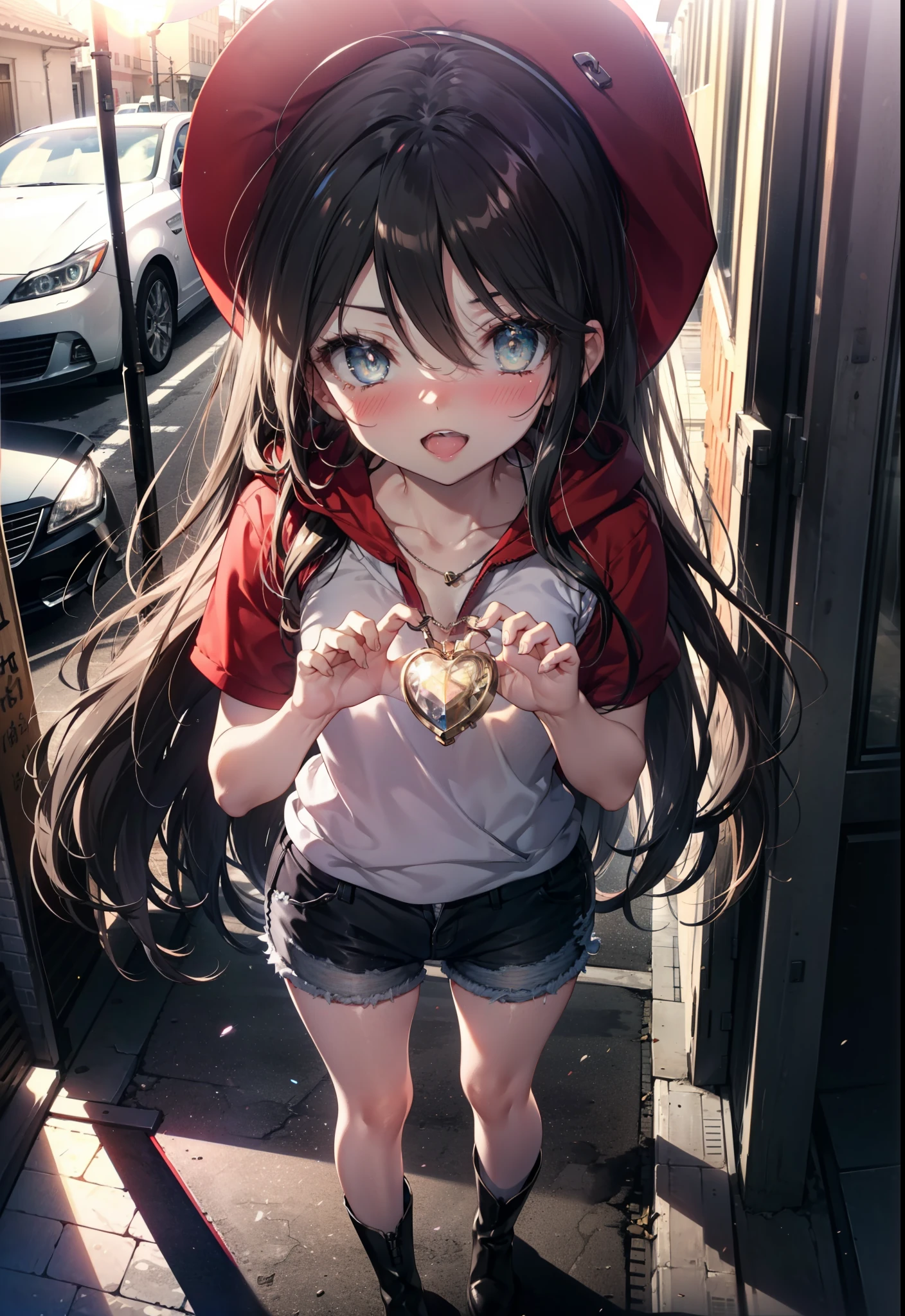 Shana,灼眼のShana,Long Hair, black eye, Small breasts,smile,blush,Open your mouth,Applejack Hat,Tank top shirt,Red hoodie,Short sleeve,Shorts,Black Neeso,Locket Necklace,short boots,Looking down from above,whole bodyがイラストに入るように,morning,morning陽,The sun is rising,
break looking at viewer, whole body,
break outdoors, City Street,construction area,
break (masterpiece:1.2), highest quality, High resolution, unity 8k wallpaper, (shape:0.8), (Beautiful and beautiful eyes:1.6), Highly detailed face, Perfect lighting, Extremely detailed CG, (Perfect hands, Perfect Anatomy),