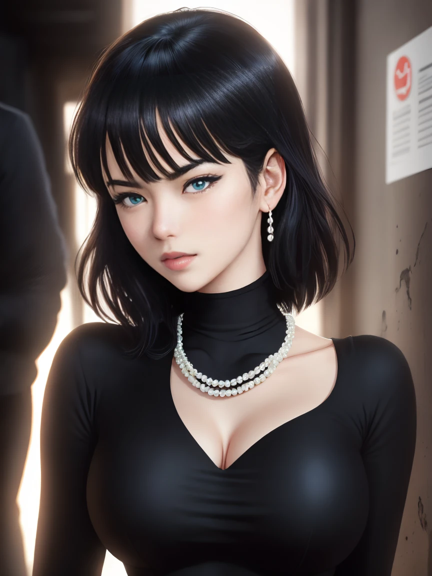 A stunning intricate full color portrait of Fubuki, pale skin, black hair, blue eyes, wearing a black tight dress, deep cleavage,pearl necklace, seductive, portrait, by ilya kuvshinov, alessio albi, nina masic, sharp focus, natural lighting, subsurface scattering, f2, 35mm, film grain, 