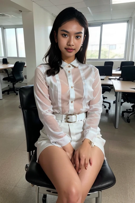 Young beautiful sweet Indonesian girl, 22 years old, slim body, slim thigh, short wavy hairs, at the office, wearing white long sleeve all  unbuttoned thin dress, wearing cripeled knee long white skirt, wearing no underwear, wearing high heels, wearing belt, siting open very wide legs confidence  on a chair in empty and scary waiting room, hairy vagina visible, serious face, she is waiting for the  interview  of job vacancy at the office, carry file bag, realistic, very detail, normal fingers shape, no cartoon,